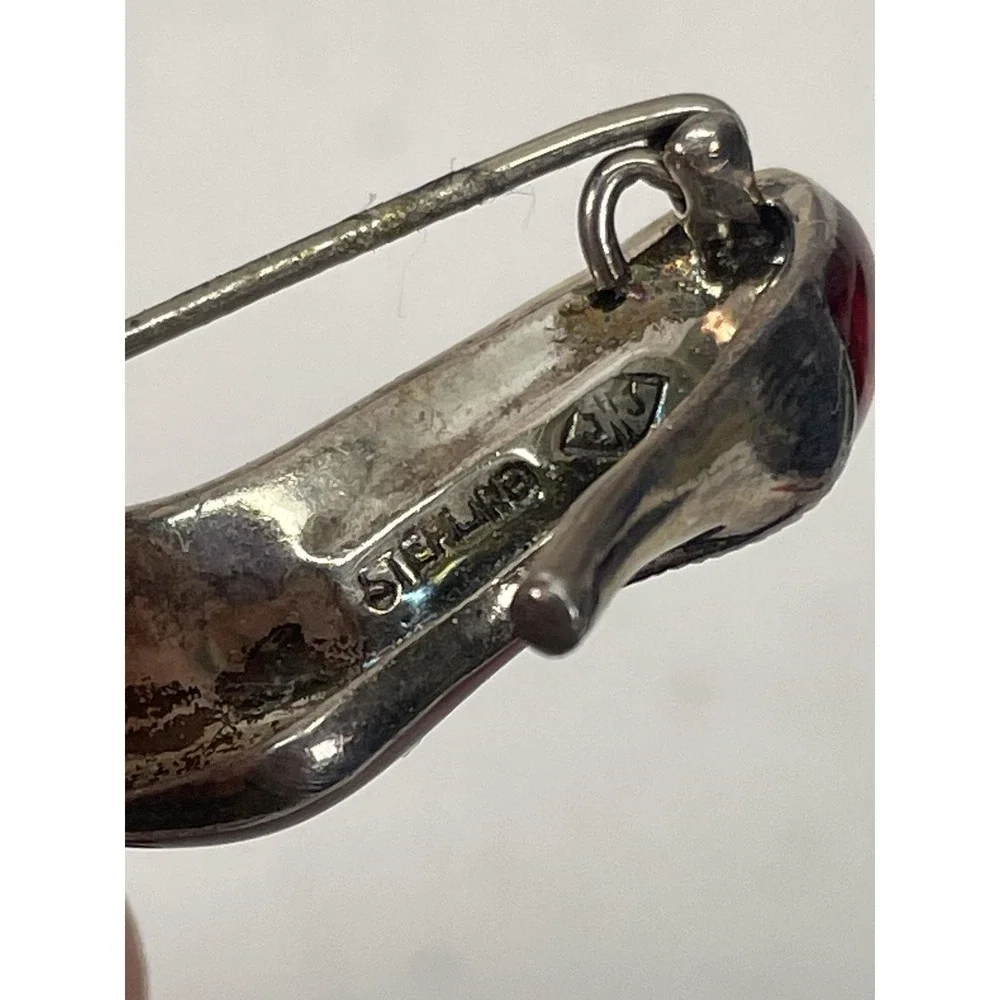 High Heel Shoe Brooch Sterling Silver Red Enamel Marcasite Style Costume Pin